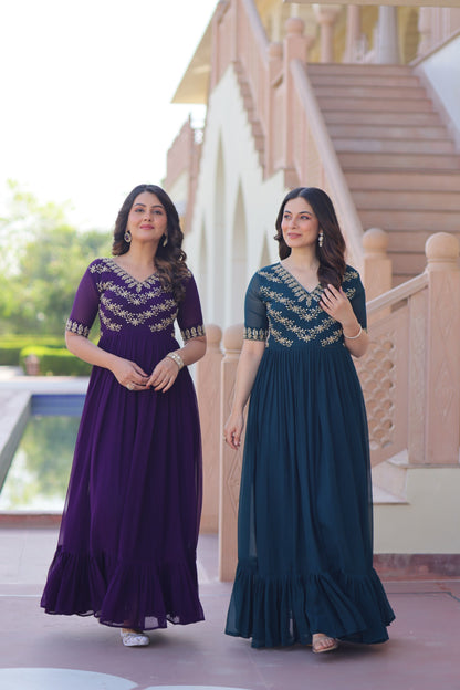 Women’s Faux Blooming Sequins Multithread Beads Embroidered Gown