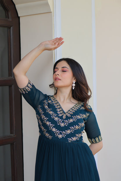 Women’s Faux Blooming Sequins Multithread Beads Embroidered Gown