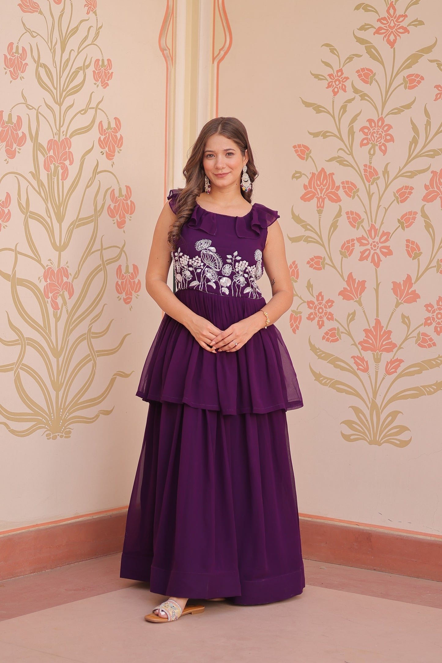 Women’s Faux Blooming Beads Embroidered Designer Gown