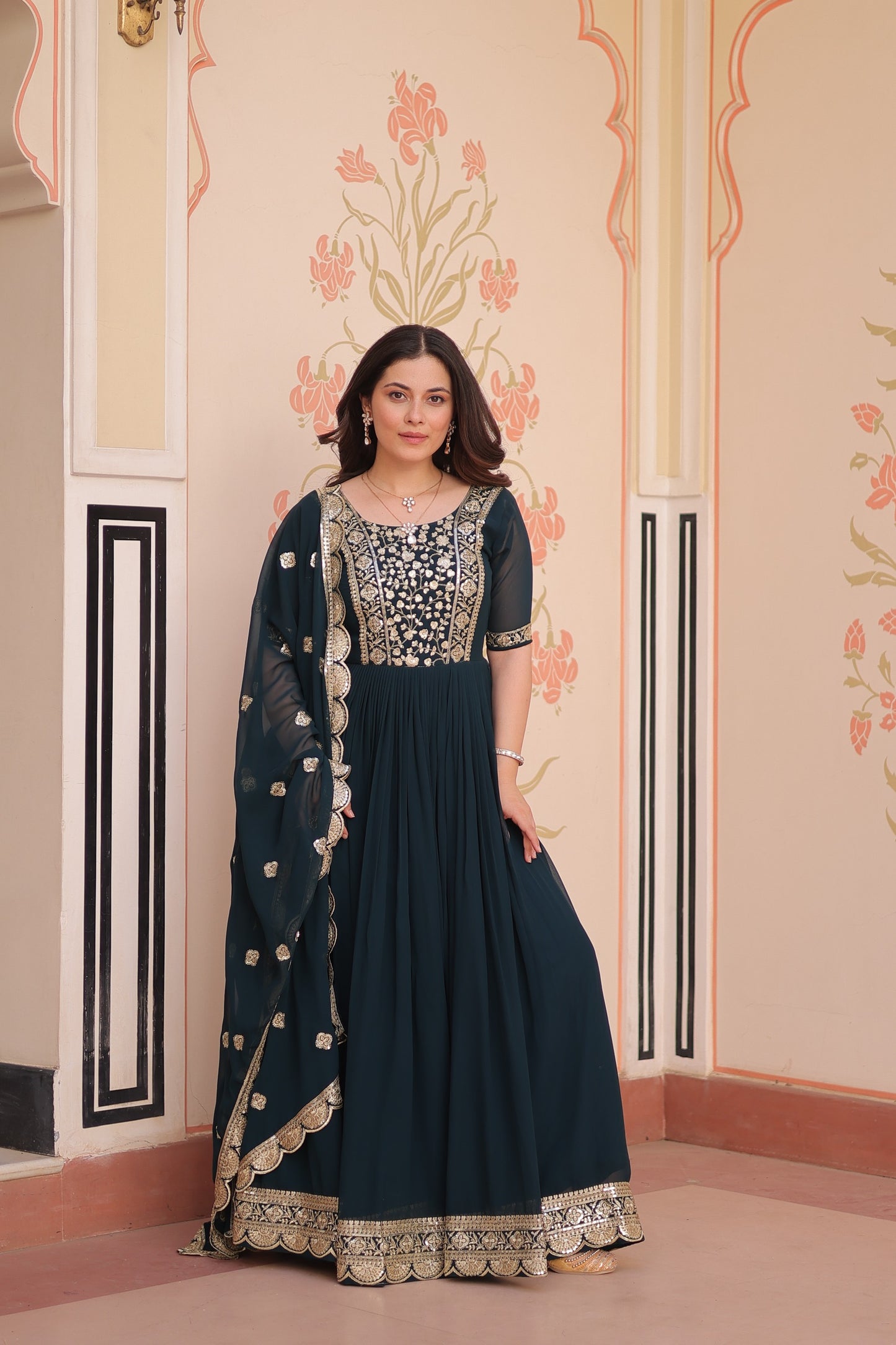 Faux Blooming Embroidered Gown with Dupatta