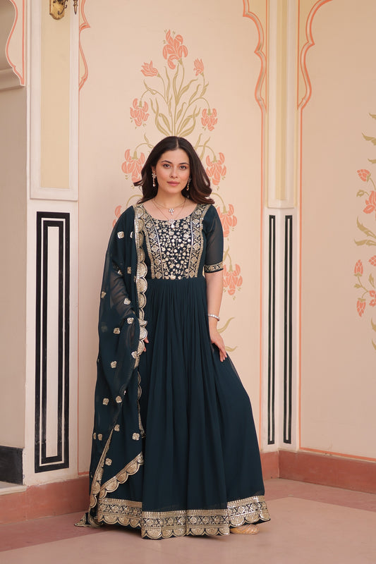 Faux Blooming Embroidered Gown with Dupatta
