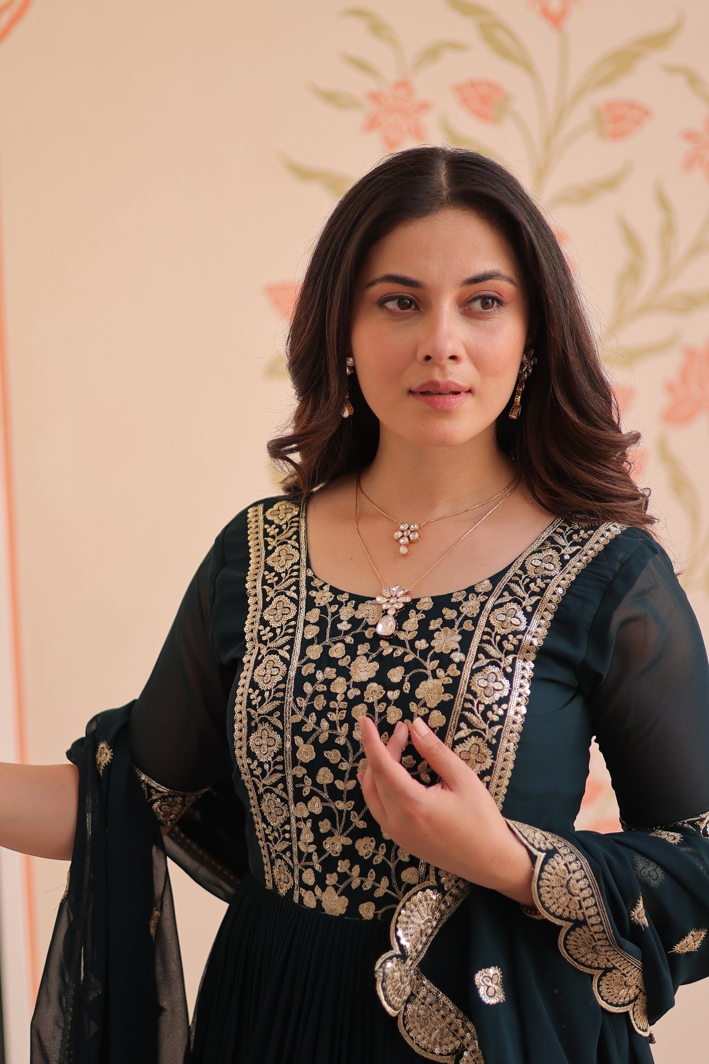 Faux Blooming Embroidered Gown with Dupatta