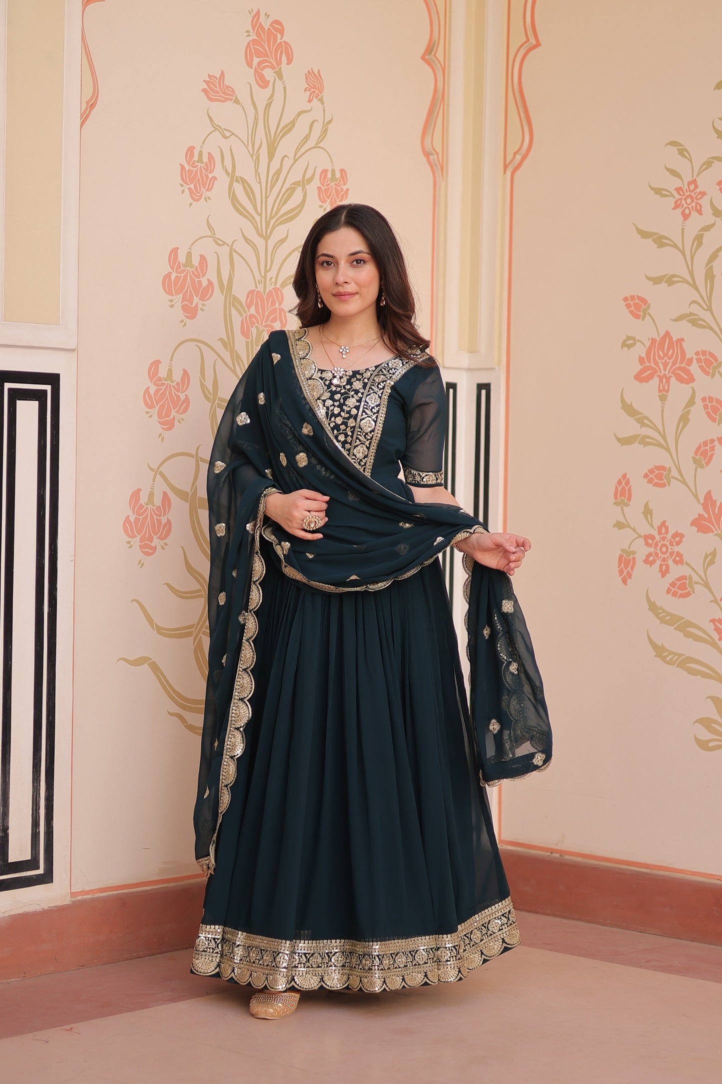 Faux Blooming Embroidered Gown with Dupatta
