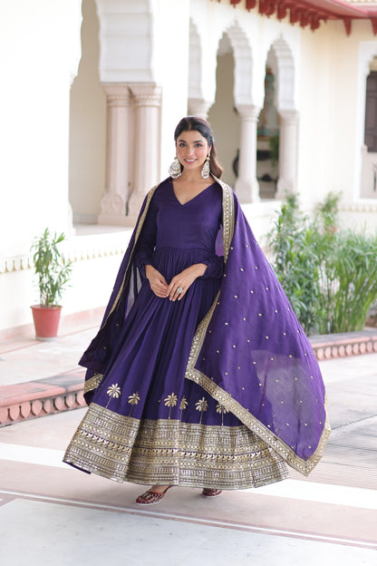 Women’s Vichitra Silk Sequins Embroidered Anarkali Gown with Dupatta