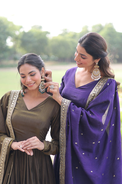 Women’s Vichitra Silk Sequins Embroidered Anarkali Gown with Dupatta