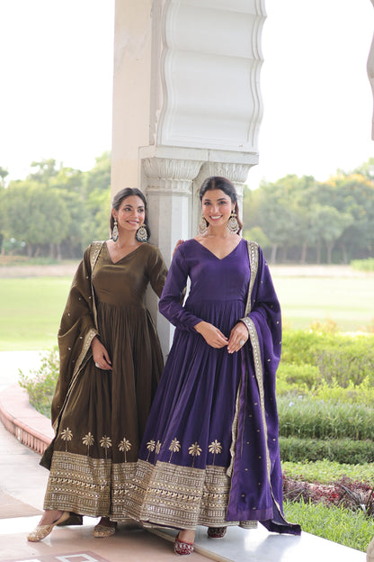 Women’s Vichitra Silk Sequins Embroidered Anarkali Gown with Dupatta