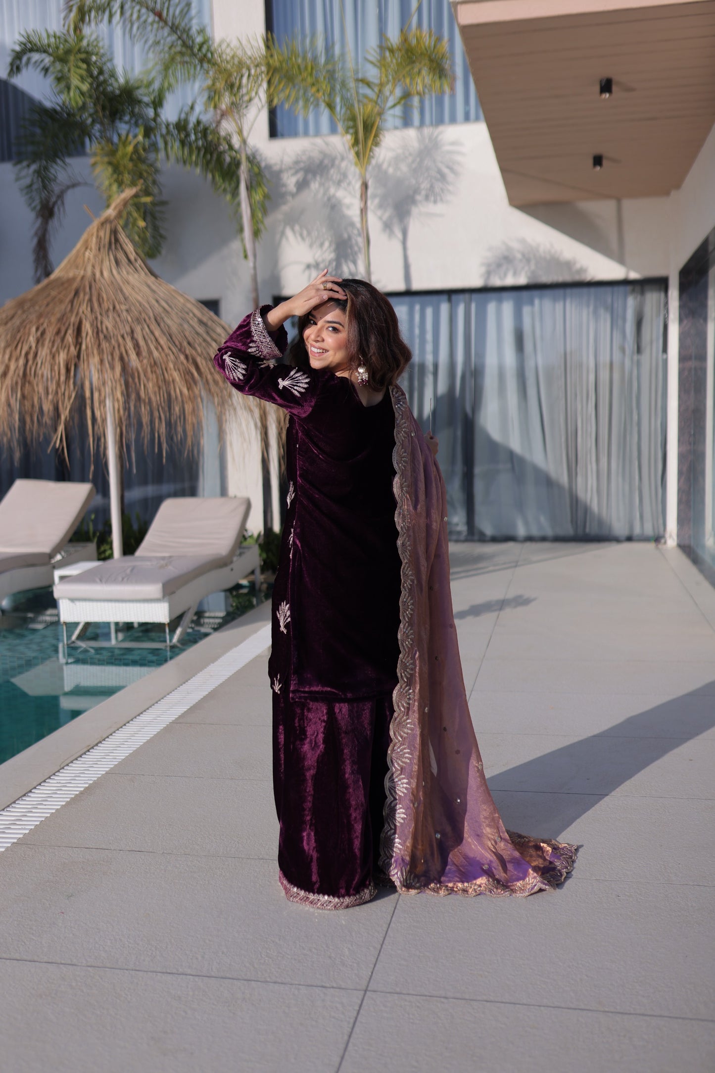 Women’s Ice Velvet Zari Embroidered Kurta Palazzo Set with Dupatta