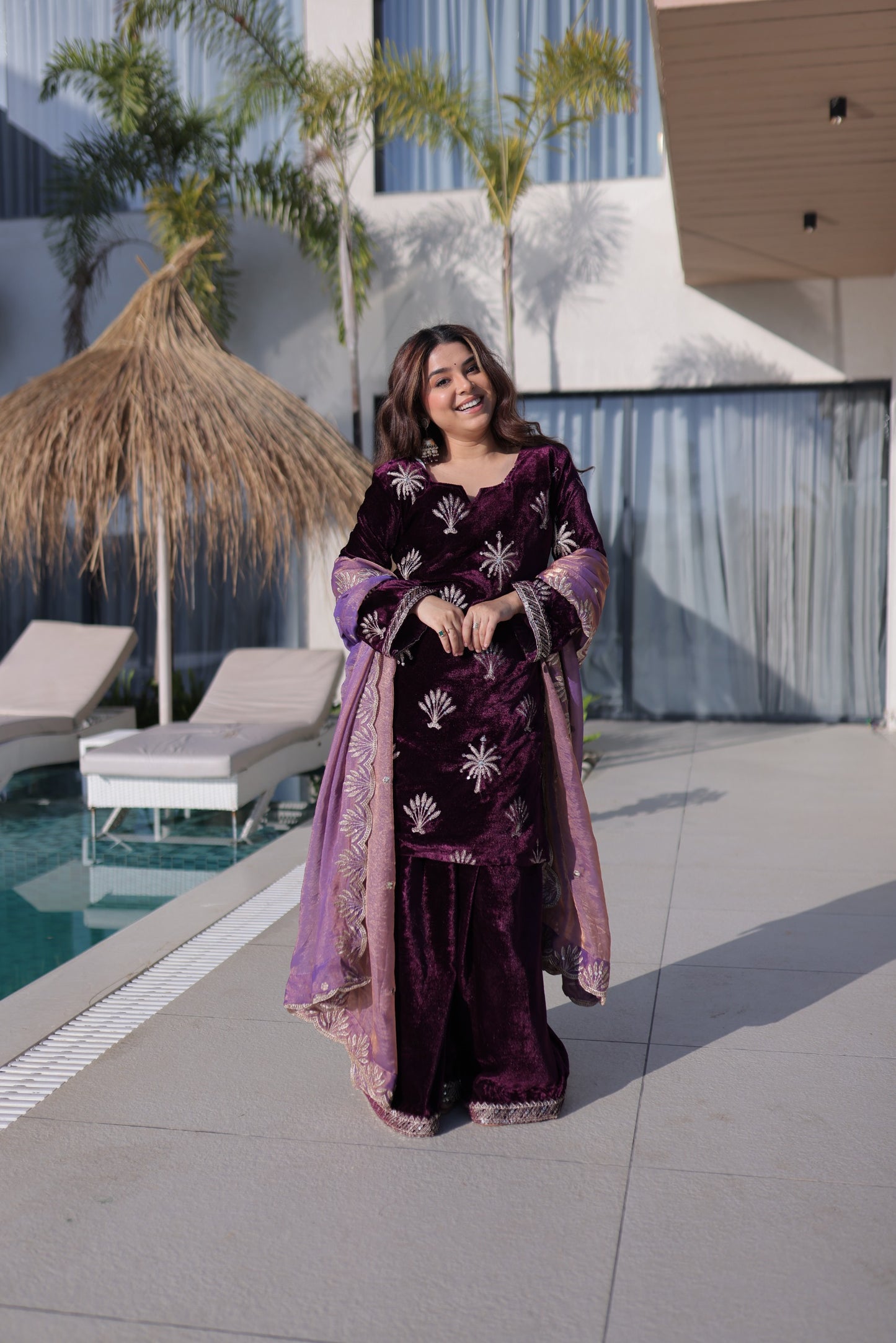 Women’s Ice Velvet Zari Embroidered Kurta Palazzo Set with Dupatta