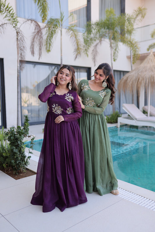 Women’s Silver Crunchy Beads Embroidered Designer Gown