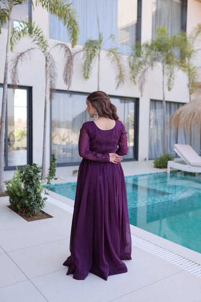 Women’s Silver Crunchy Beads Embroidered Designer Gown