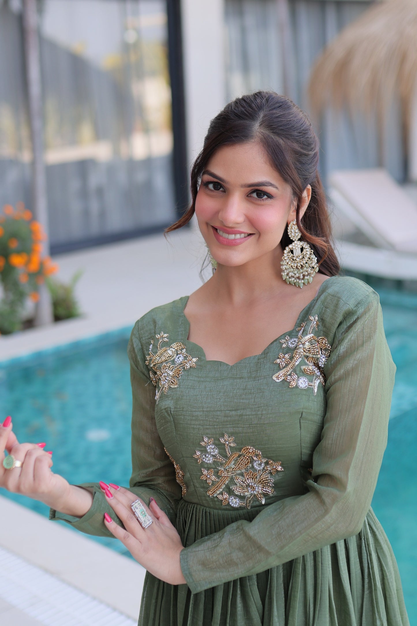 Women’s Silver Crunchy Beads Embroidered Designer Gown