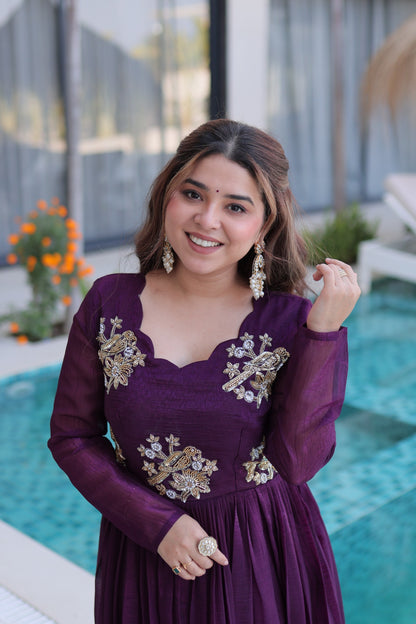 Women’s Silver Crunchy Beads Embroidered Designer Gown