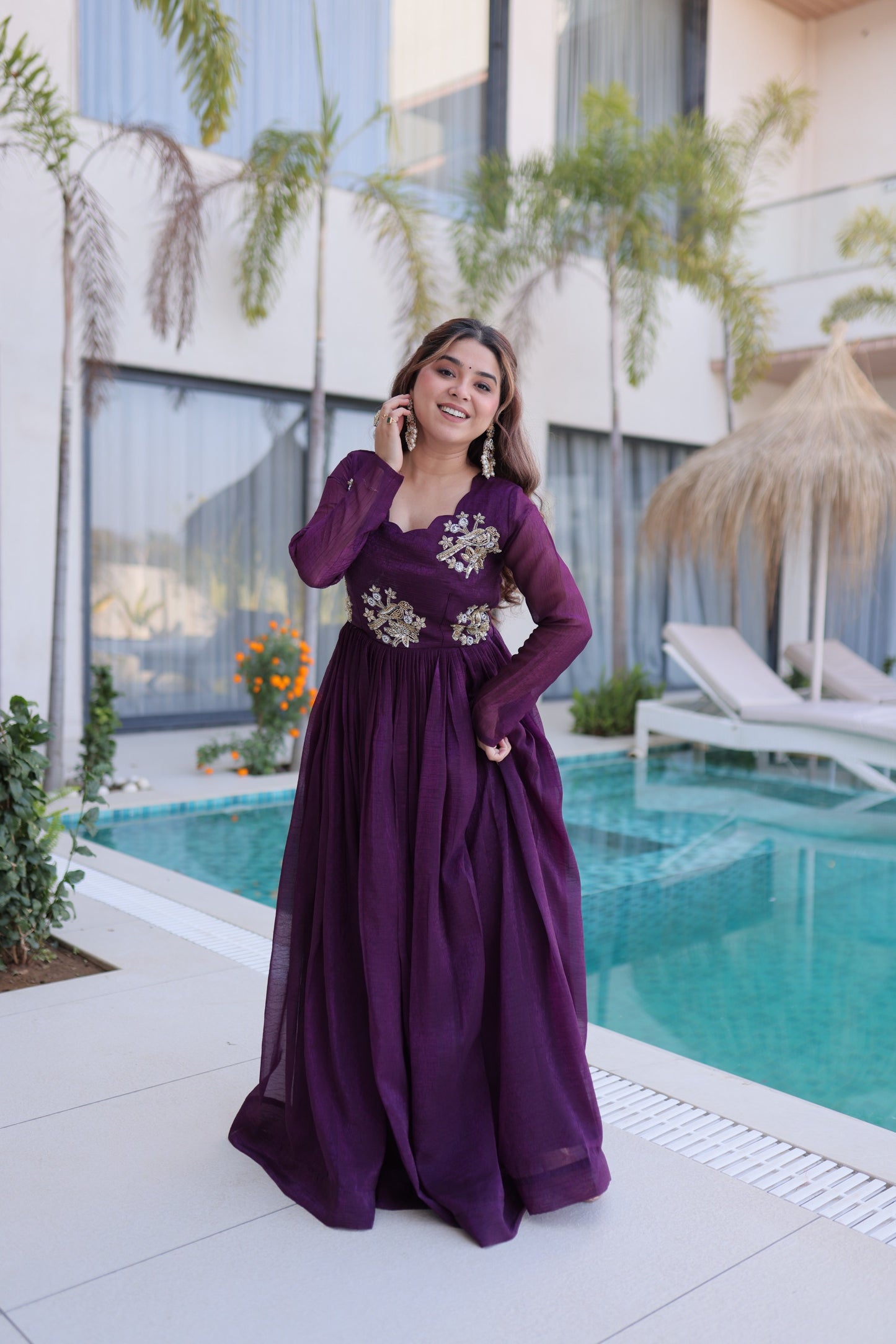 Women’s Silver Crunchy Beads Embroidered Designer Gown