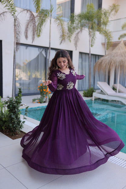 Women’s Silver Crunchy Beads Embroidered Designer Gown