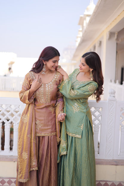 Women’s Fendi Crush Zari Sequins Embroidered Kurti Sharara Set with Dupatta