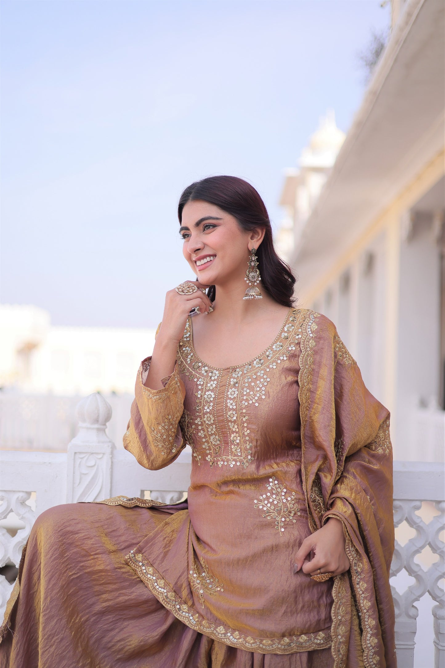 Women’s Fendi Crush Zari Sequins Embroidered Kurti Sharara Set with Dupatta