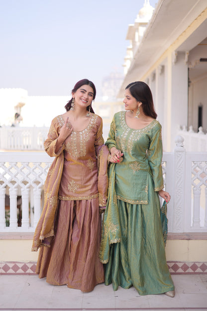 Women’s Fendi Crush Zari Sequins Embroidered Kurti Sharara Set with Dupatta