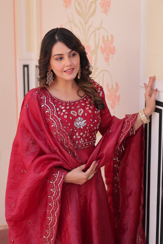 Women’s Gold Crush Beads Embroidered Designer Gown with Dupatta