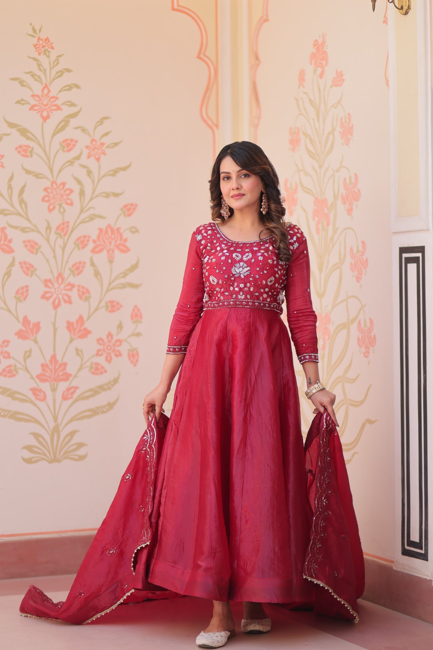 Women’s Gold Crush Beads Embroidered Designer Gown with Dupatta