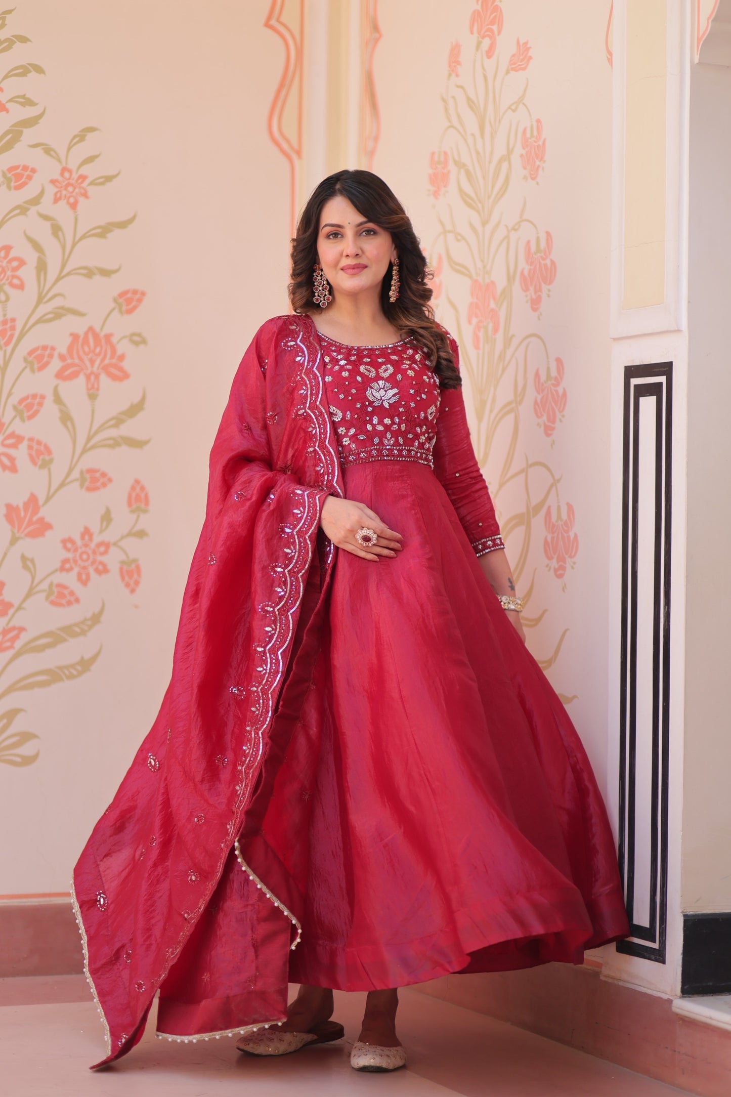 Women’s Gold Crush Beads Embroidered Designer Gown with Dupatta