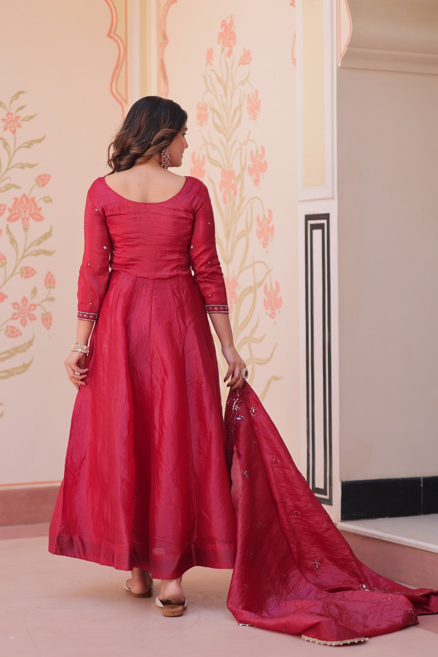 Women’s Gold Crush Beads Embroidered Designer Gown with Dupatta