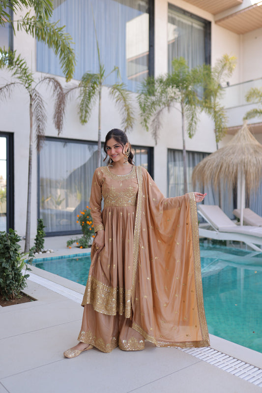 Women’s Super Silk Sequins Embroidered Kurti Sharara Set with Dupatta