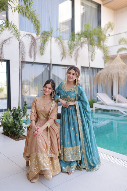 Women’s Super Silk Sequins Embroidered Kurti Sharara Set with Dupatta