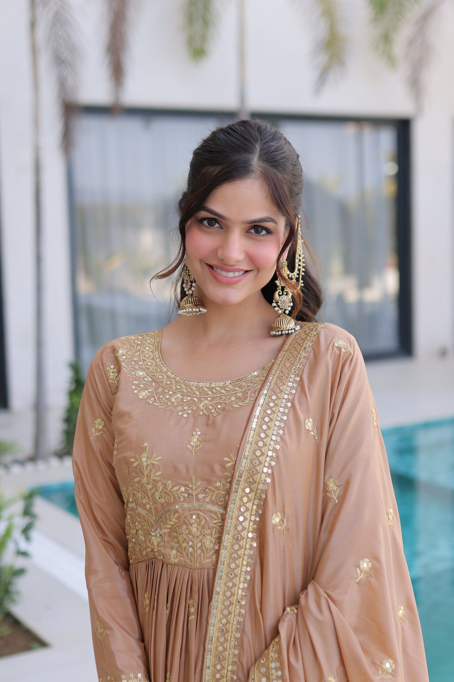 Women’s Super Silk Sequins Embroidered Kurti Sharara Set with Dupatta