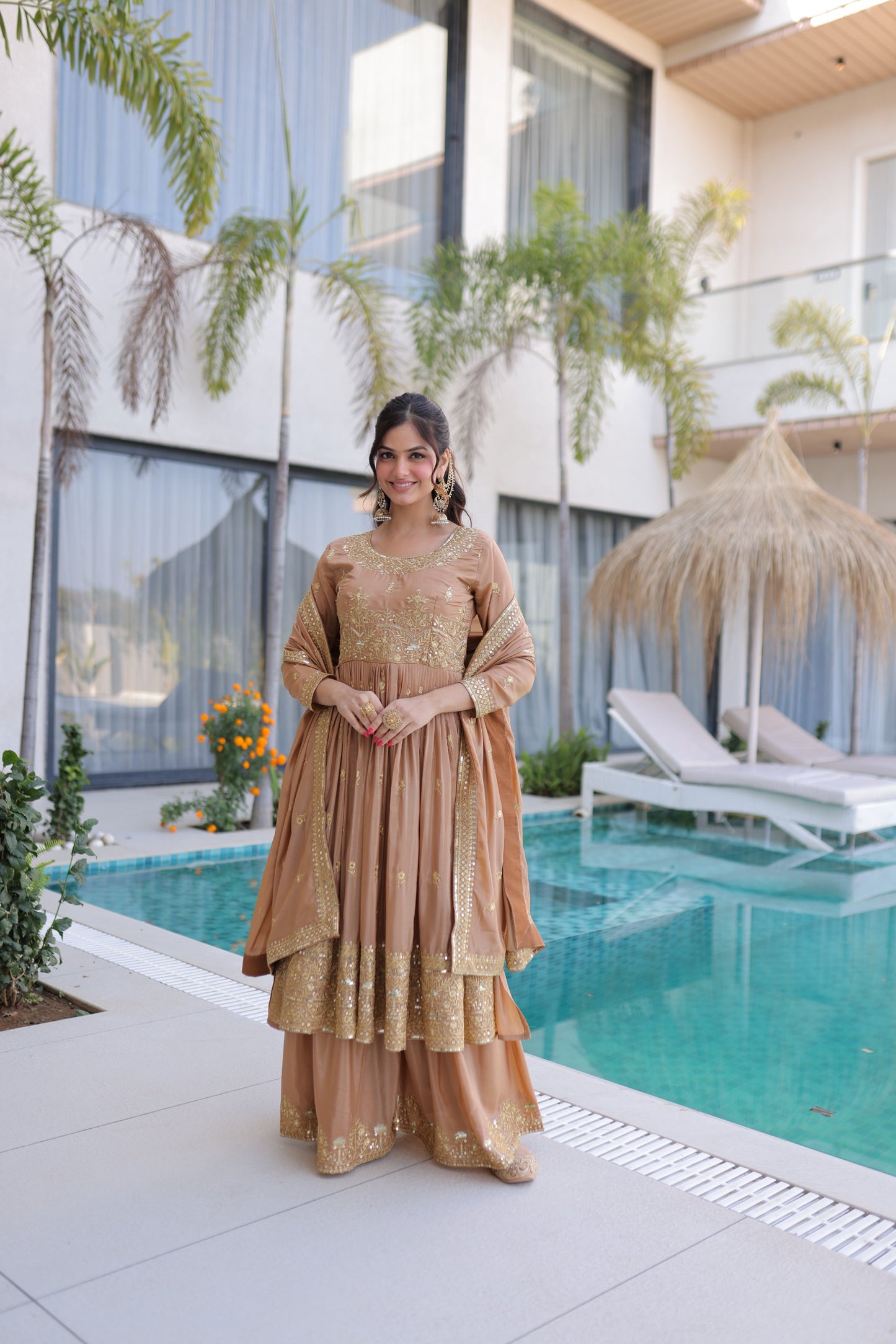 Women’s Super Silk Sequins Embroidered Kurti Sharara Set with Dupatta