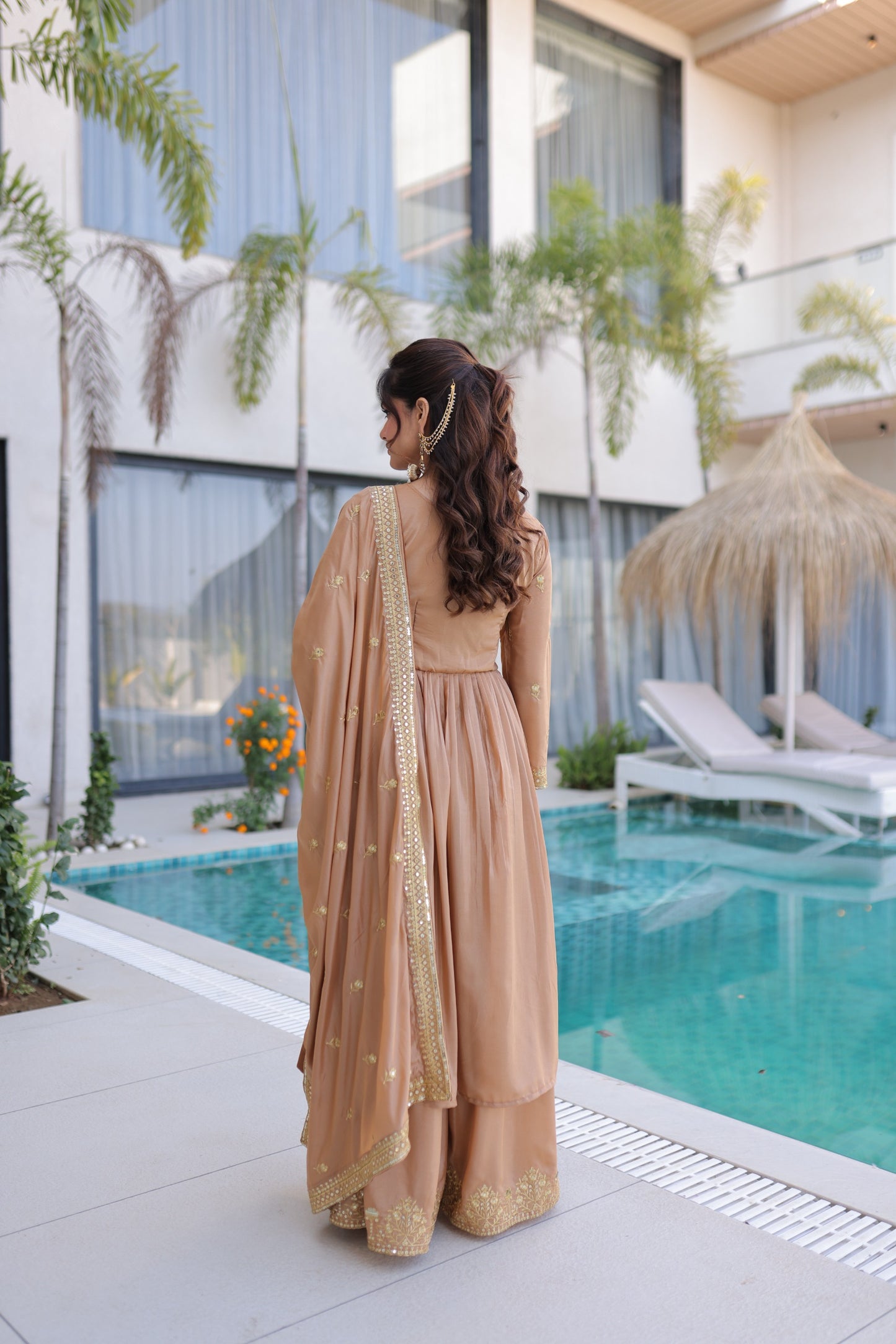 Women’s Super Silk Sequins Embroidered Kurti Sharara Set with Dupatta