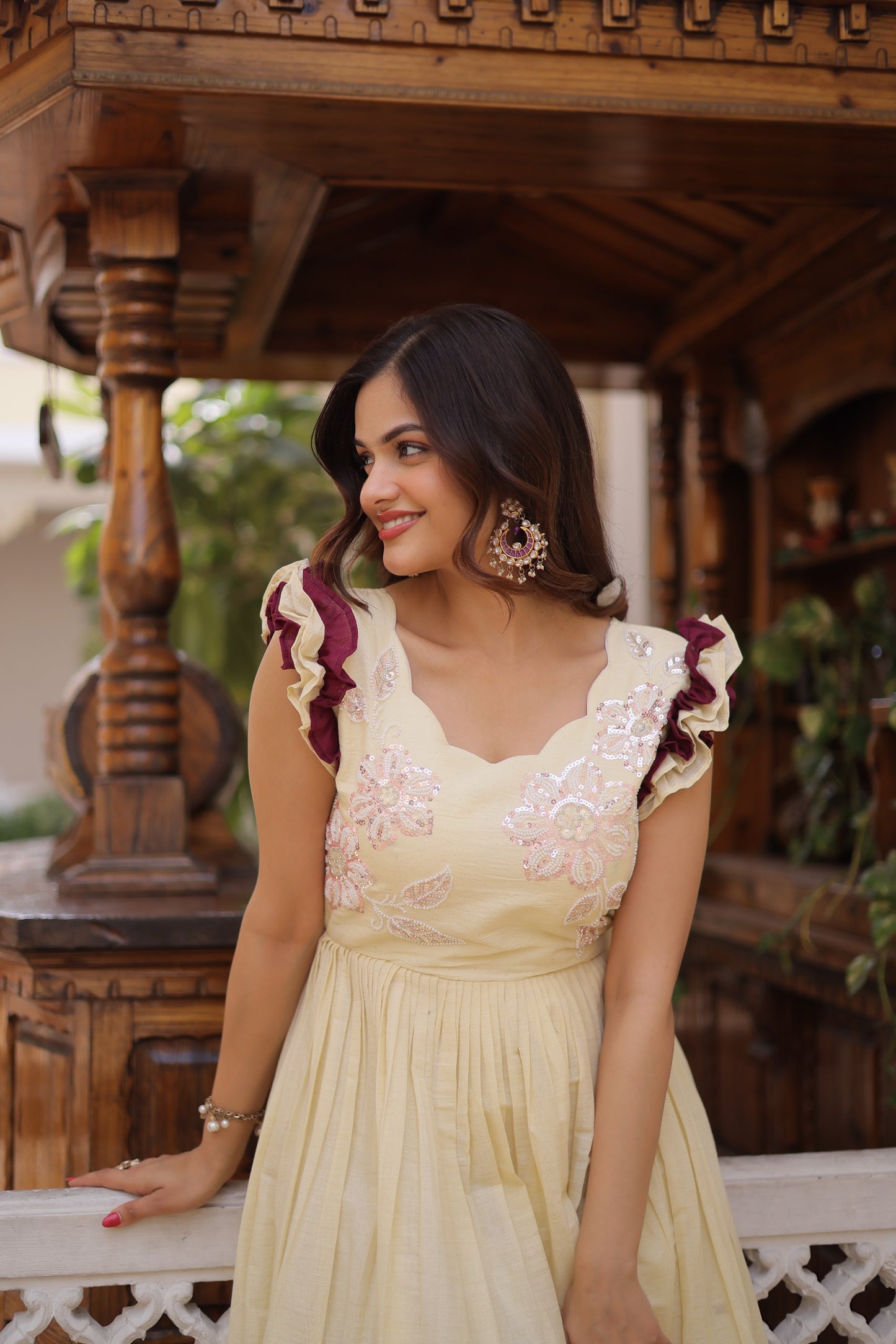 Women’s Cotton Sequins Multithread Beads Embroidered Designer Gown