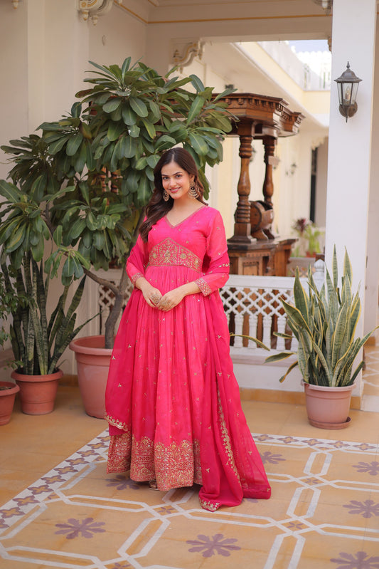 Women’s Digital Printed Russian Silk Embroidered Anarkali Gown with Dupatta