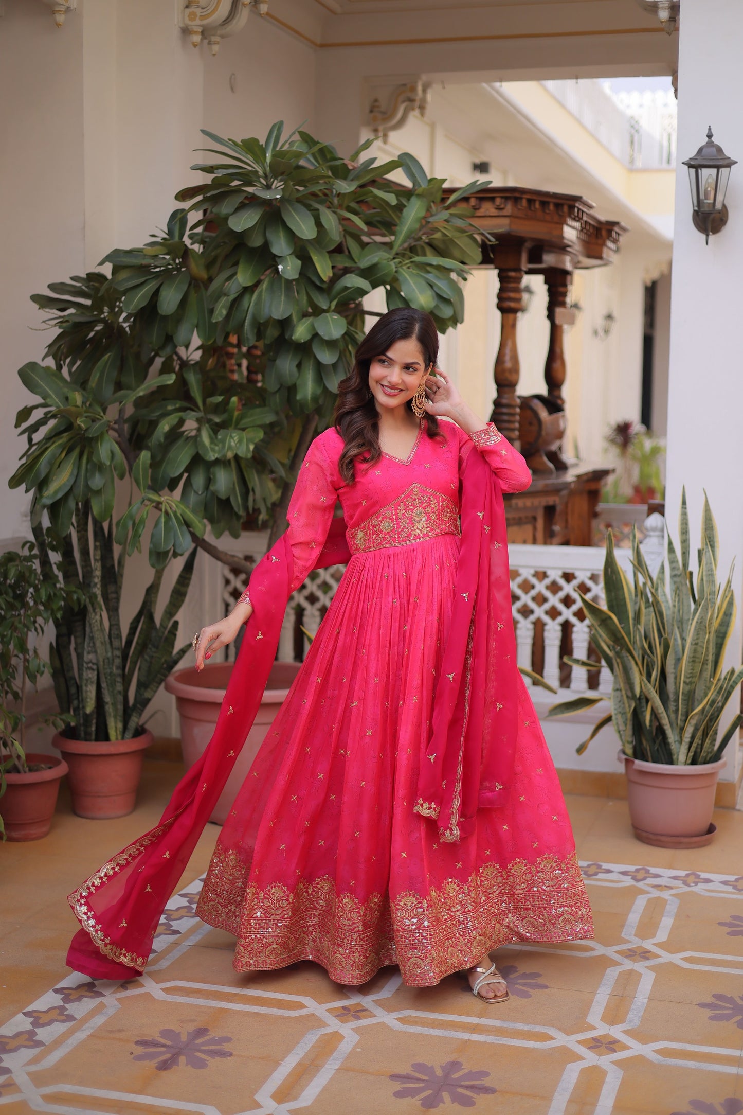 Women’s Digital Printed Russian Silk Embroidered Anarkali Gown with Dupatta