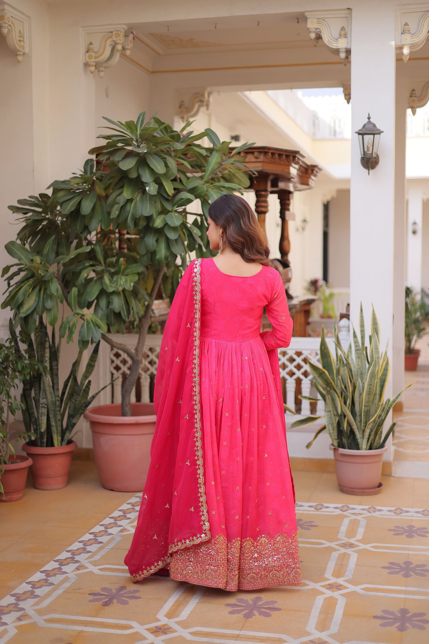 Women’s Digital Printed Russian Silk Embroidered Anarkali Gown with Dupatta