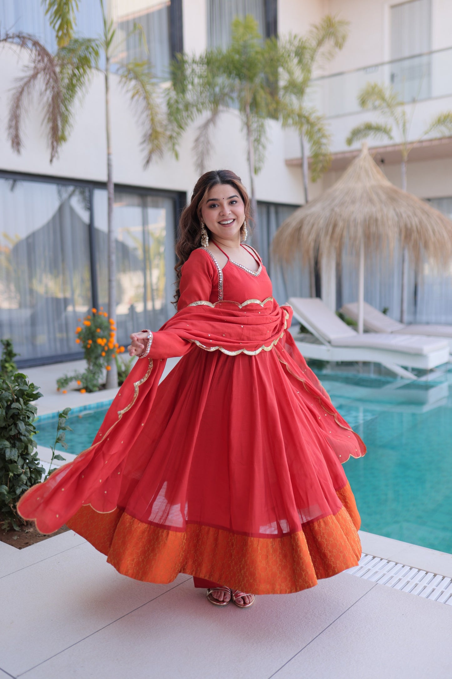 Women’s Mul Chanderi Mirror Lace Anarkali Kurti Pant Set with Dupatta