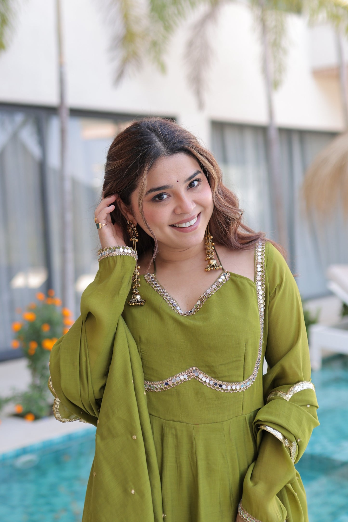 Women’s Mul Chanderi Mirror Lace Anarkali Kurti Pant Set with Dupatta