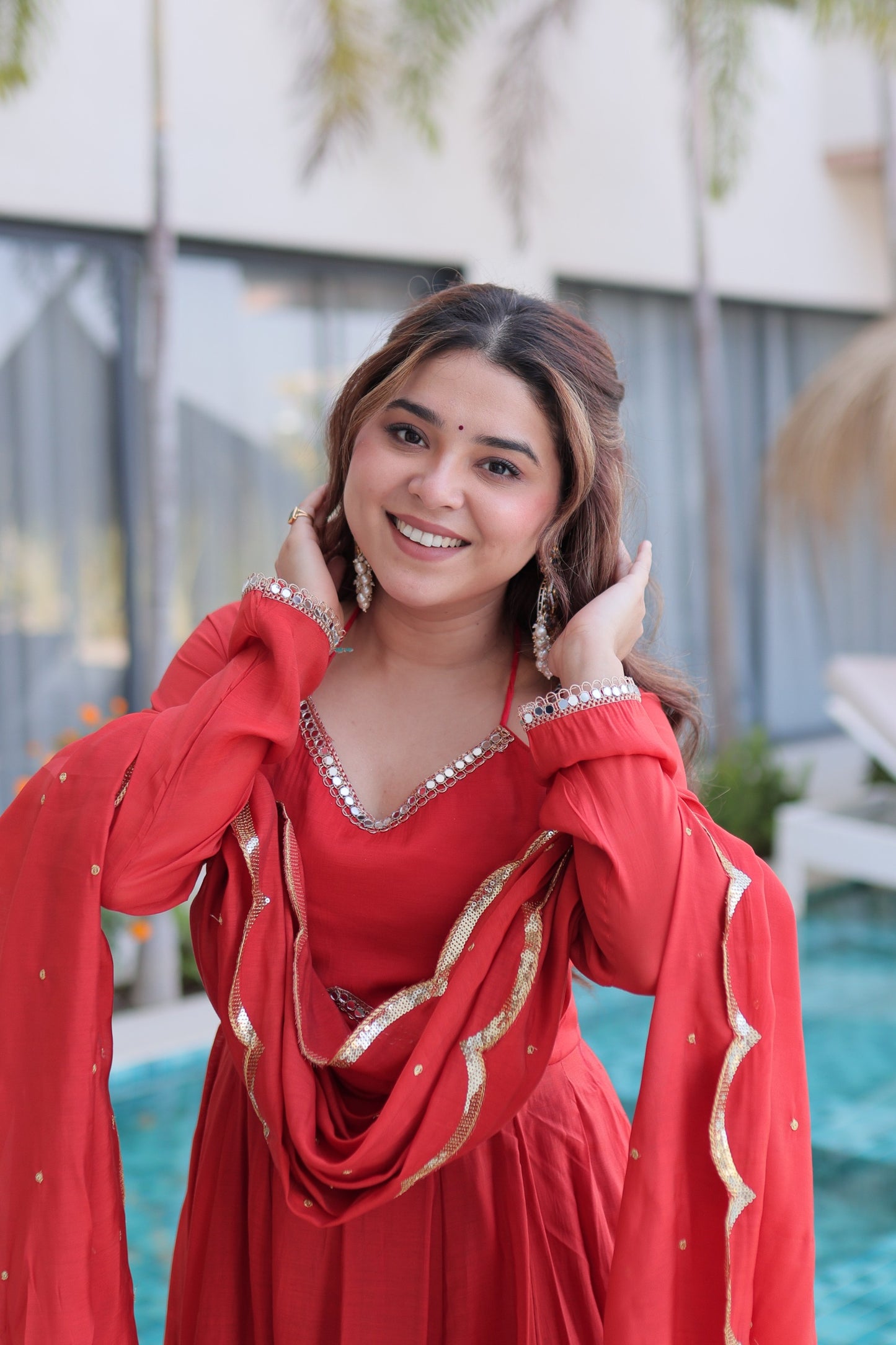 Women’s Mul Chanderi Mirror Lace Anarkali Kurti Pant Set with Dupatta