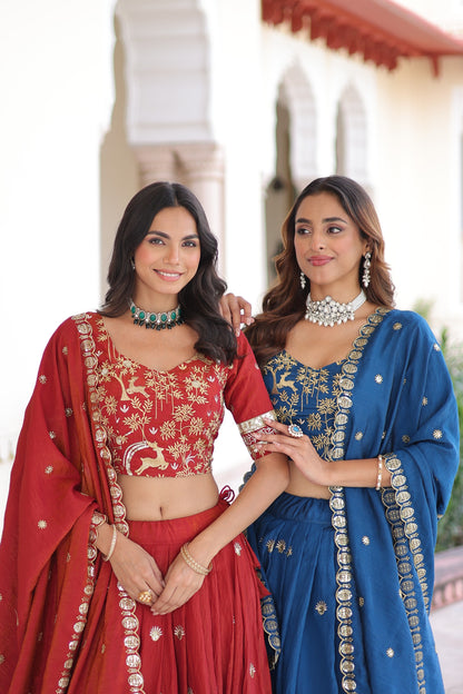 Women’s Vichitra Silk Heavy Sequins & Thread Embroidered Lehenga Choli Set with Dupatta