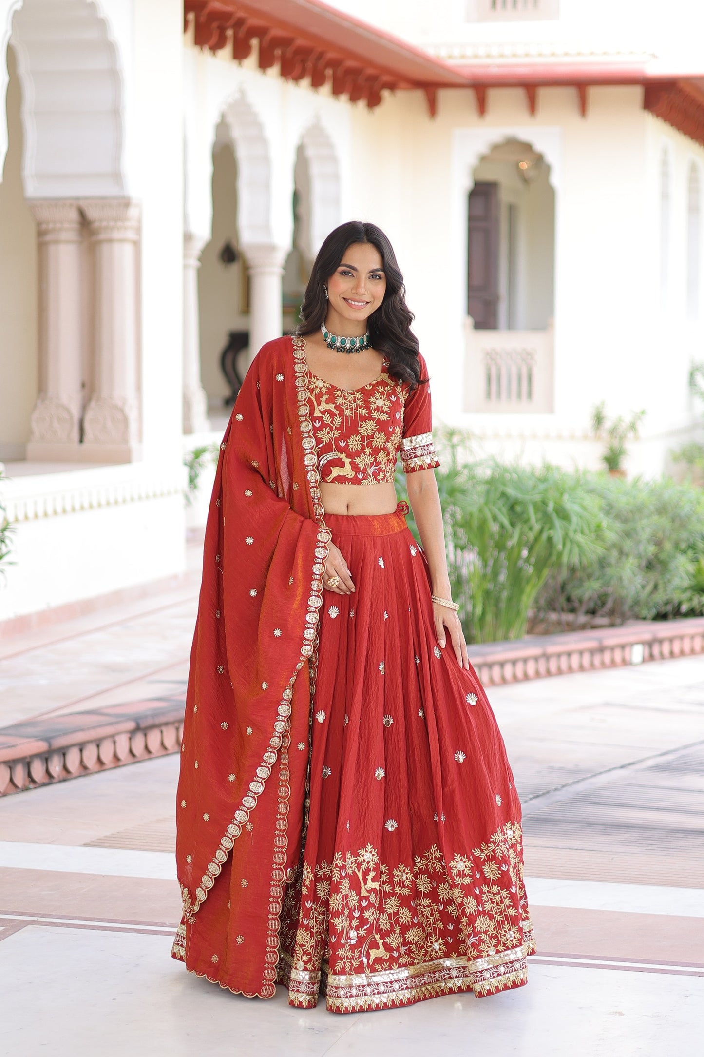 Women’s Vichitra Silk Heavy Sequins & Thread Embroidered Lehenga Choli Set with Dupatta