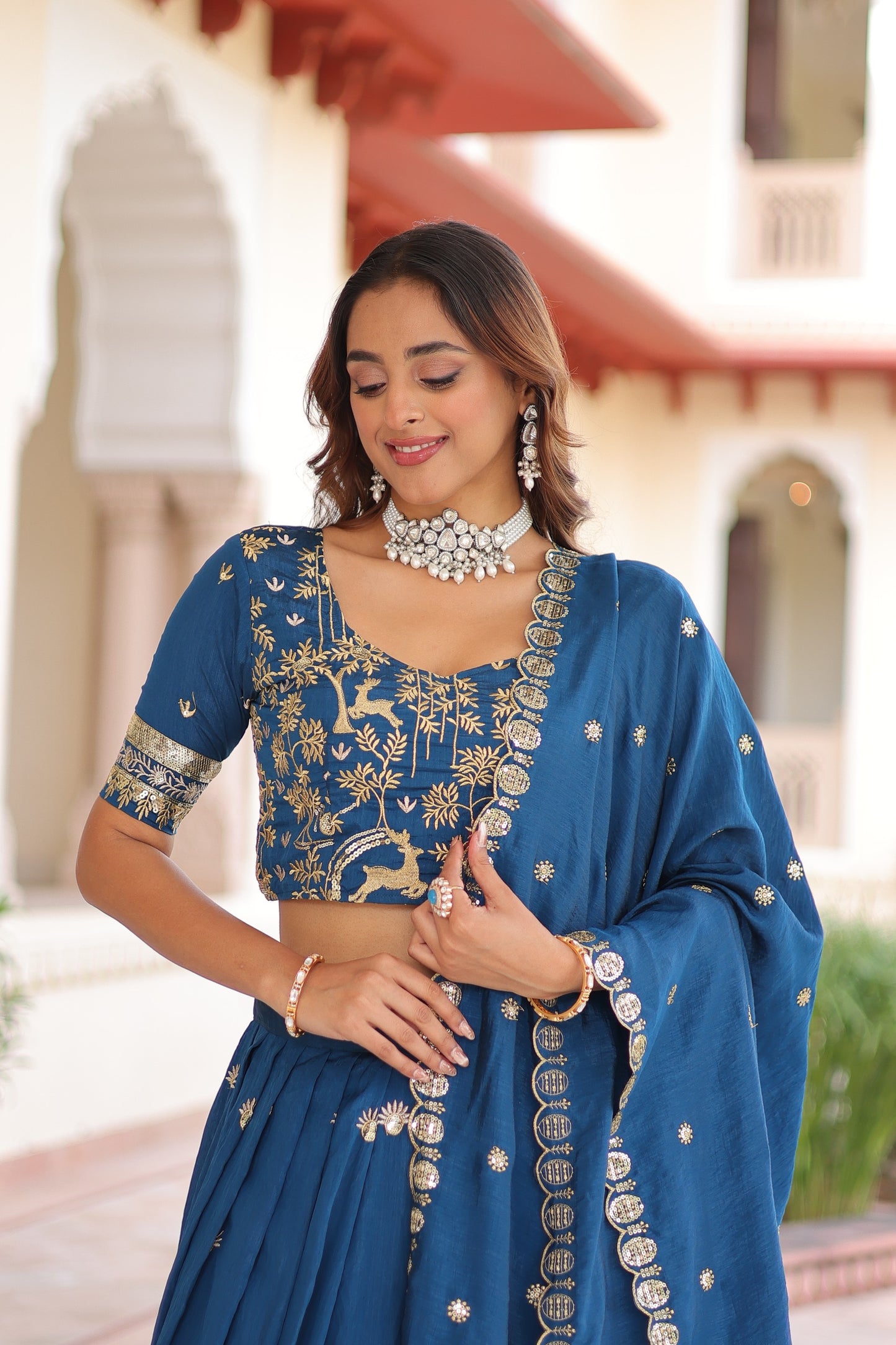 Women’s Vichitra Silk Heavy Sequins & Thread Embroidered Lehenga Choli Set with Dupatta