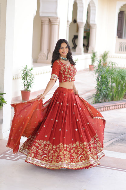Women’s Vichitra Silk Heavy Sequins & Thread Embroidered Lehenga Choli Set with Dupatta