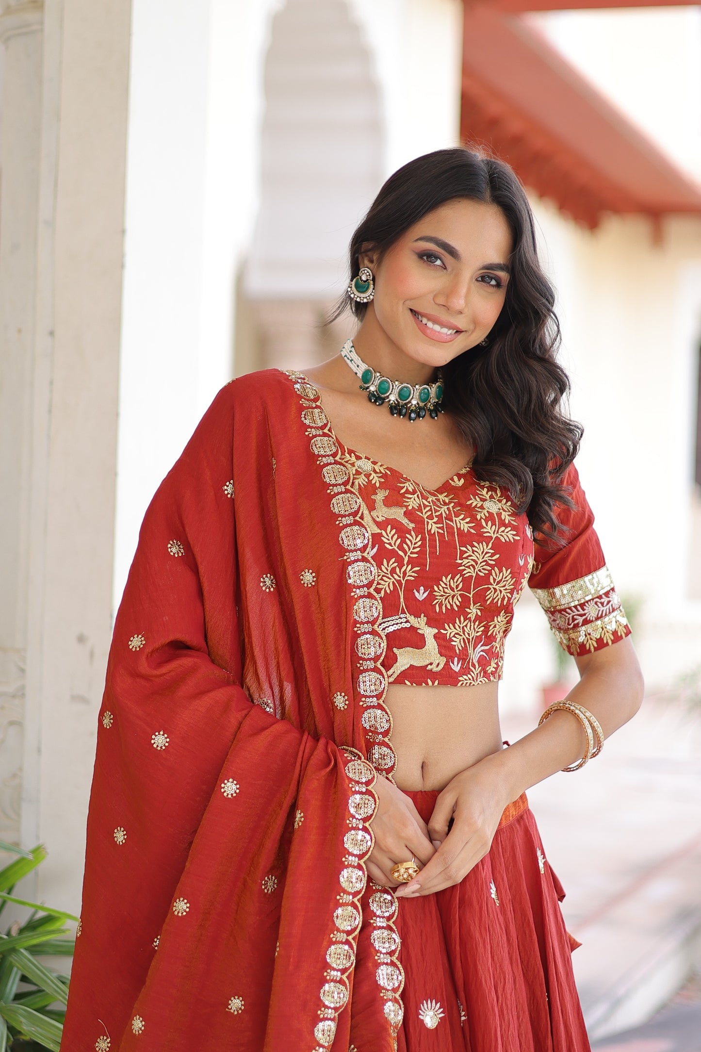 Women’s Vichitra Silk Heavy Sequins & Thread Embroidered Lehenga Choli Set with Dupatta