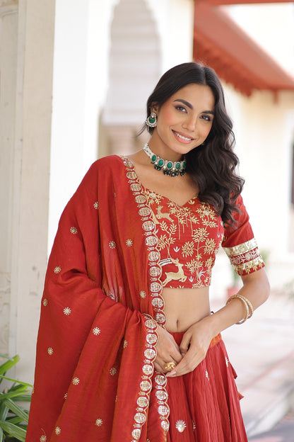 Women’s Vichitra Silk Heavy Sequins & Thread Embroidered Lehenga Choli Set with Dupatta