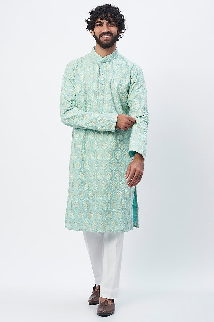 Mens Chikankari Kurta Pyjama Set: Dola Silk Indian Wedding Outfit