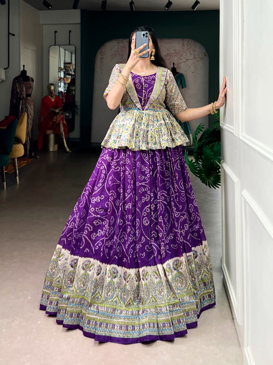 Green Silk Lehenga Choli Set with Madhubani & Bandhej Fusion Print