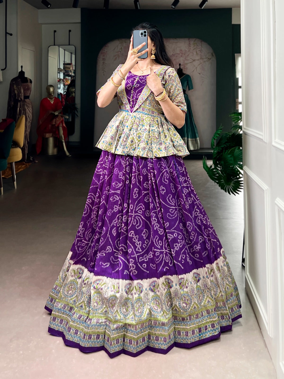 Green Silk Lehenga Choli Set with Madhubani & Bandhej Fusion Print