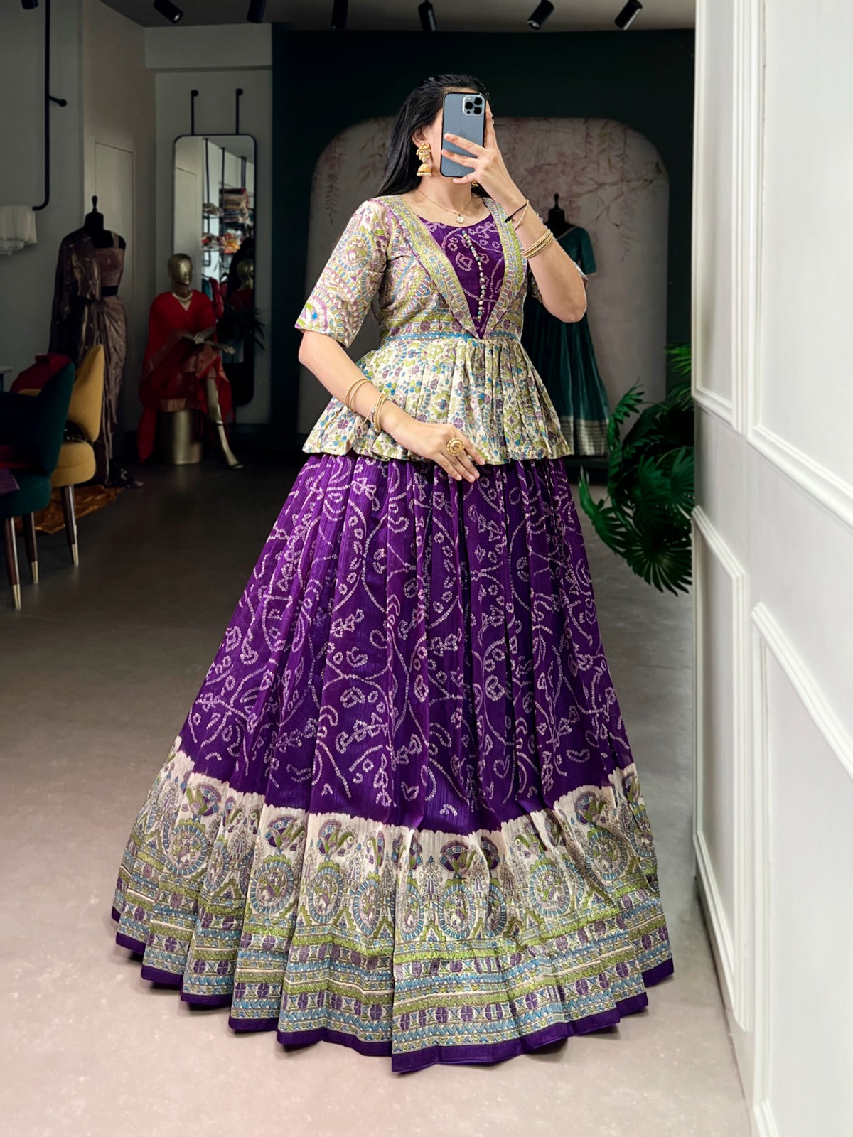 Green Silk Lehenga Choli Set with Madhubani & Bandhej Fusion Print