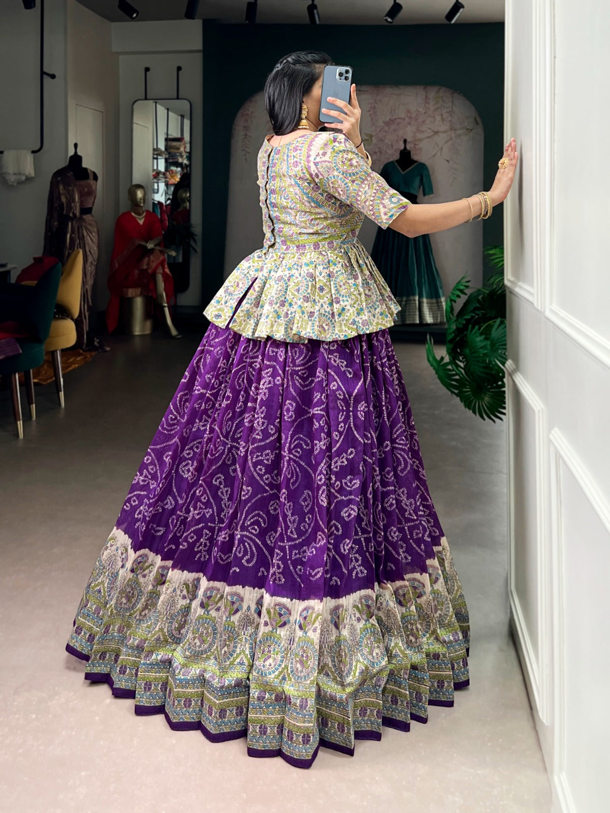 Green Silk Lehenga Choli Set with Madhubani & Bandhej Fusion Print