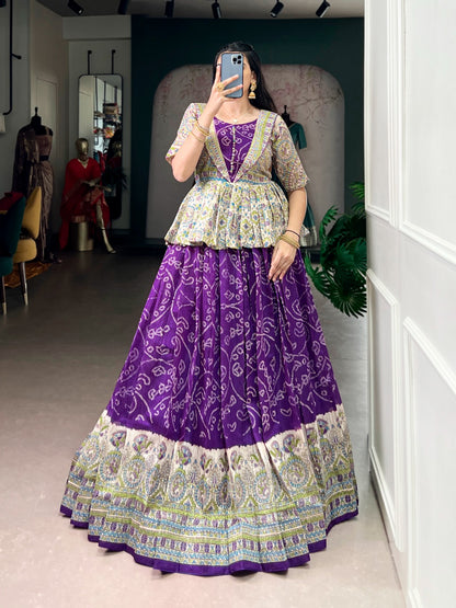 Green Silk Lehenga Choli Set with Madhubani & Bandhej Fusion Print