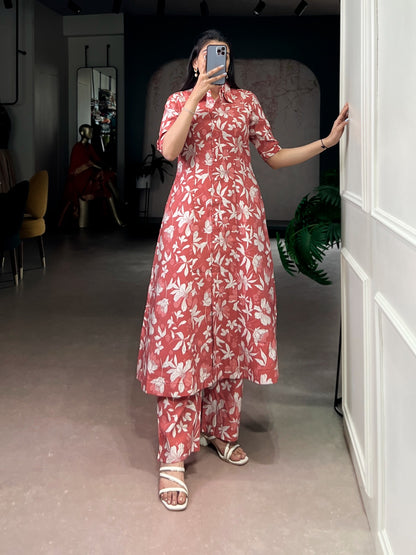 P.V. Chanderi Kurti Pant Set with Floral Print & Foil Work